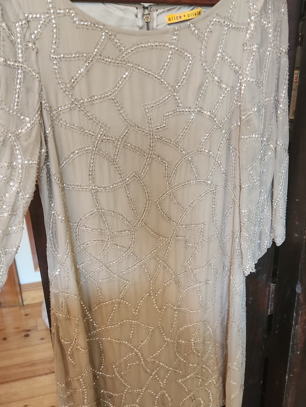 Alice + Olivia Champagne Silk Beaded Long Sleeve Cocktail Dress, S